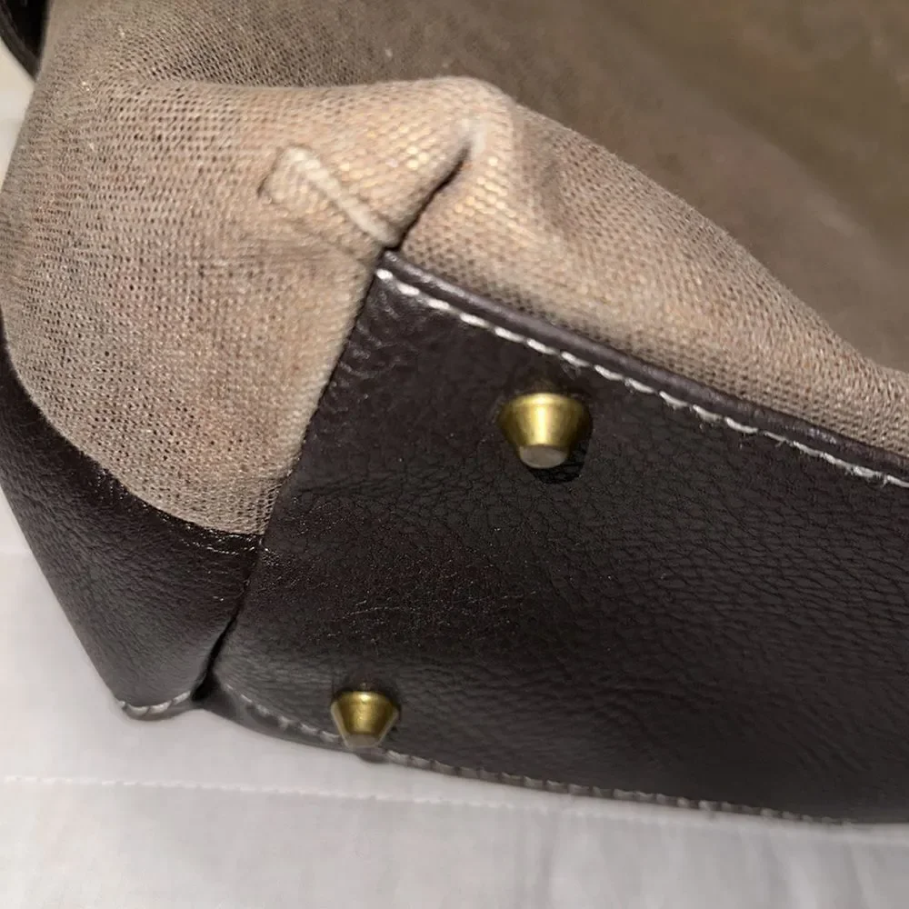 Braciano Metallic Canvas Tan Brown Leather Combo Hobo Shoulder Bag Purse